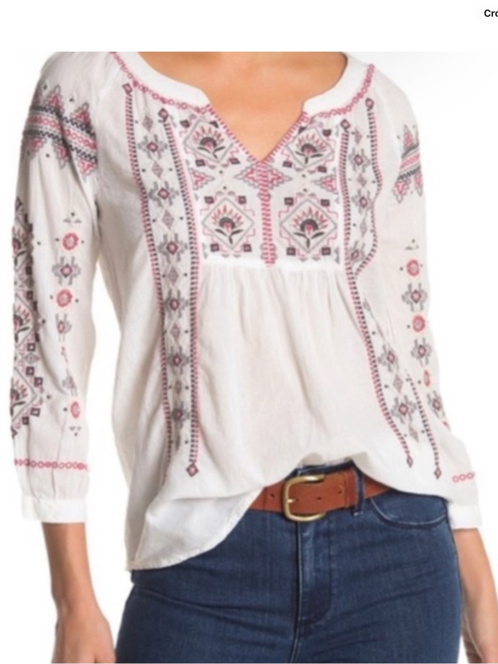 Johnny Was Workshop Tatum Embroidered Peasant Blouse White Large Cotton